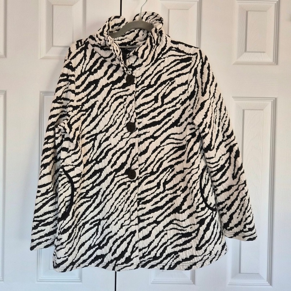 Onque Casual Zebra Print Textured Button Front Jacket Petite Large Animal Print